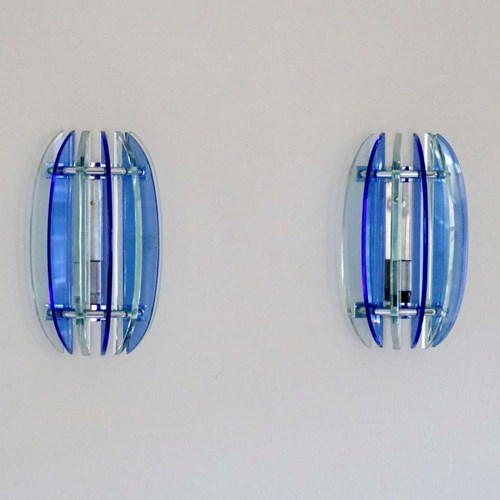 Pair Of Blue / Clear Glass Wall Lights (Veca).