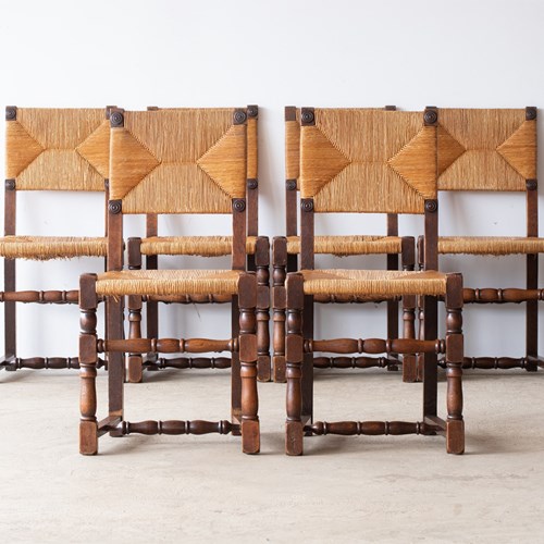 Modernist Oak & Rush Dining Chairs