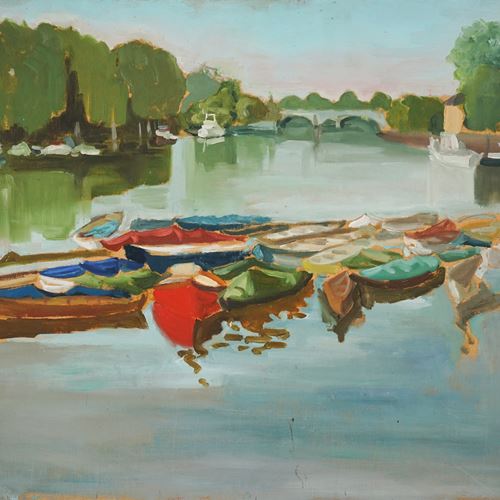 Petersham Meads Towards Richmond Bridge - A Calm Summers Day With Skiffs - Oil S