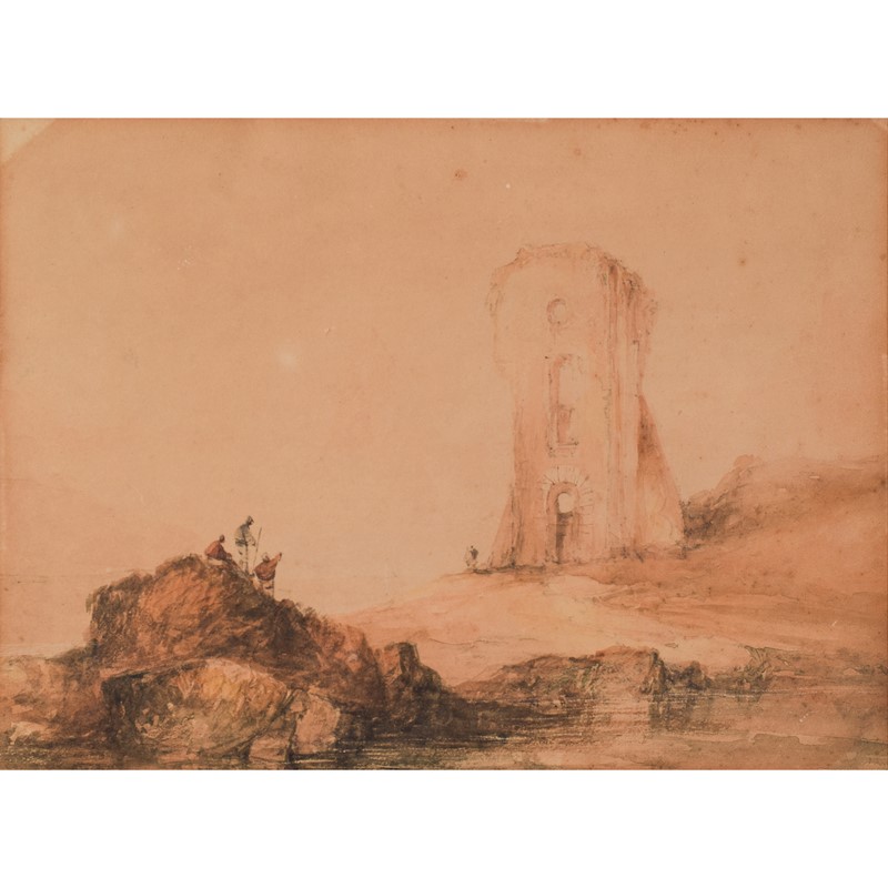 19th Century Watercolour - Figures and Tower-modern-decorative-1282-watercolour-mountains-withs-ruins-1-square-main-637896902459605899.jpg
