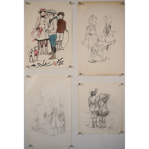 Four High Quality Drawings Of Victorian Children At Play