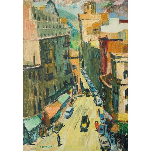 Vibrant Modernist Expressionist Street Scene With Mid-Century Cars