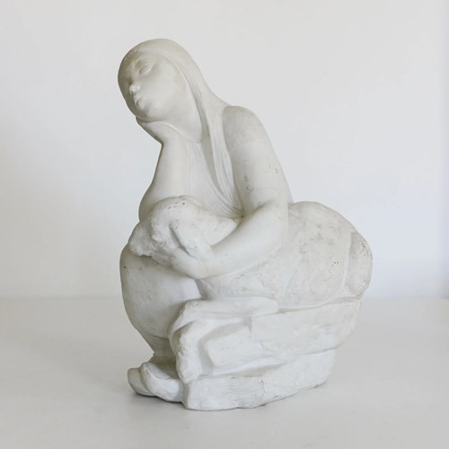 Girl With Lamb - Parian Ware Sculpture - Signed