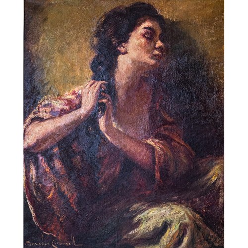 Senorita Plaiting Her Hair - Large Framed Oil On Canvas