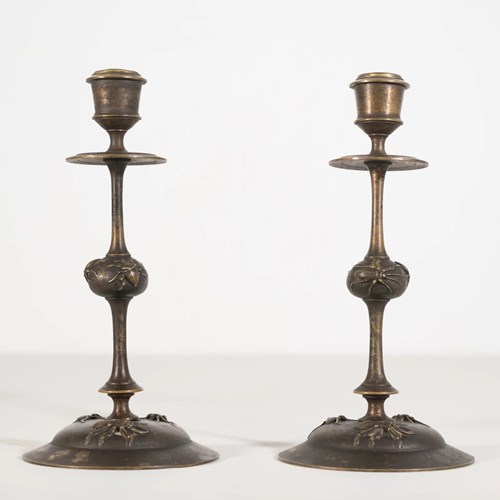 Follower Of Tiffany & Co.: Art Nouveau Bronze Candlesticks With Insects