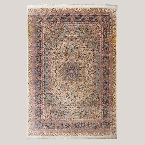 Large Vintage Persian Floral Area Rug – Ivory & Navy – 312 × 217 Cm