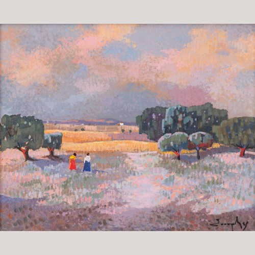 Pointilist Landscape Oil Painting - Twilight Stroll Through The Olive Grove
