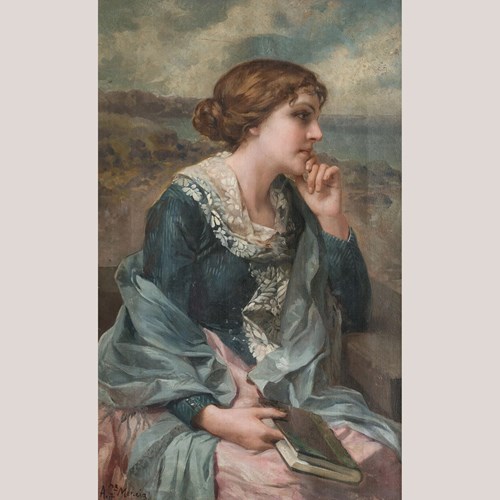Portrait Of A Young Woman Reading – Oil On Canvas By Antonio García Mencía