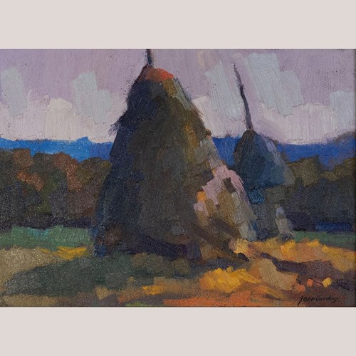 Twilight Haystacks - Joan Condins – Original Framed Impressionist Oil Painting