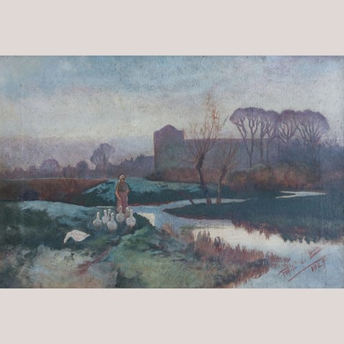 Lady Tending A Flock Of Geese At Dusk Or Dawn - Barbizon School Influenced