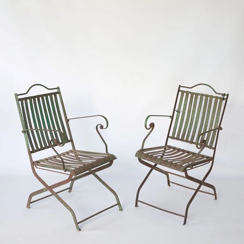 Pair Antique French Or Spanish Wrought Iron Garden Chairs