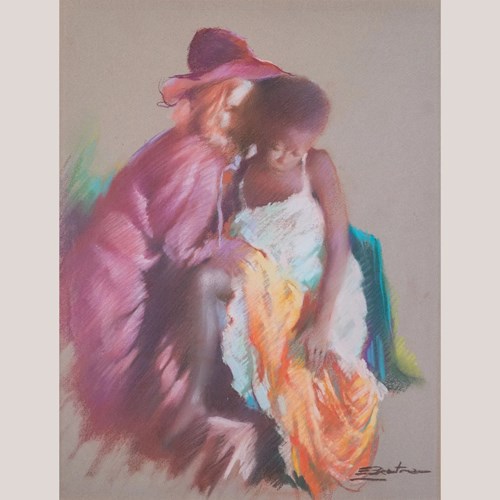 Lady And Child Vintage Pastel Study - Signed