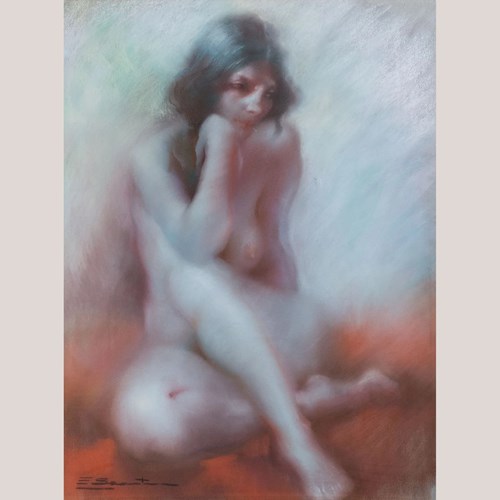 Seated Female Nude Pastel Study - Signed