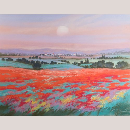 Sunset Over Poppy Fields Landscape Pastel