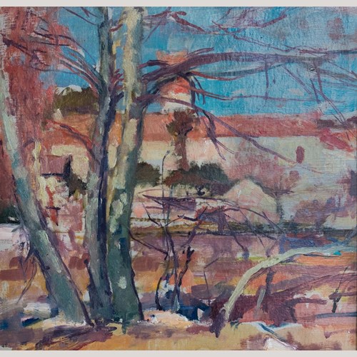 Landscape Study Inscribed On Reverse “Santiga” – Oil And Mixed Media Painting
