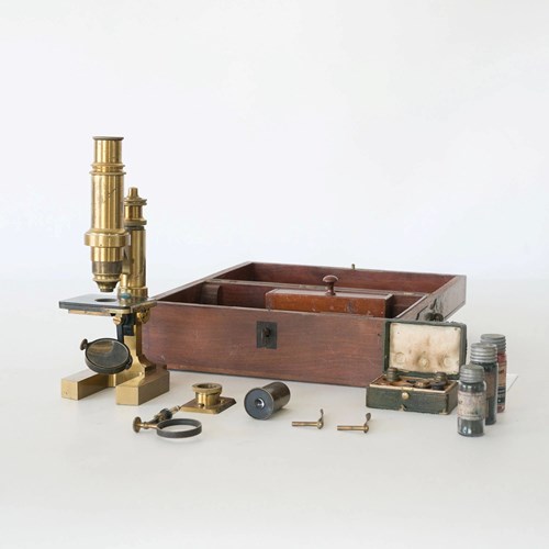 Antique French Brass Microscope With Fitted Wooden Case — C. Vérick, Paris