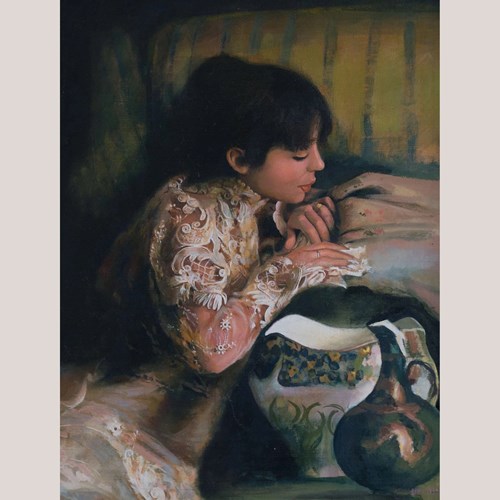 Young Woman In A Fine Spanish Lace Embroidered Blouse - Signed Oil On Canvas