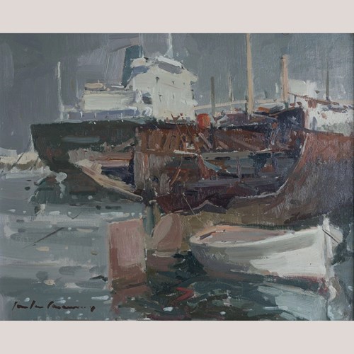 Expressive Impressionist Harbour And Ship Scene - Oil On Canvas - Signed