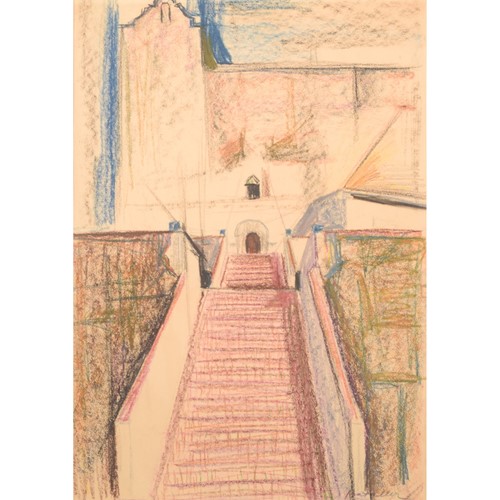 Modernist Coloured Drawing Of A Church & Stairway