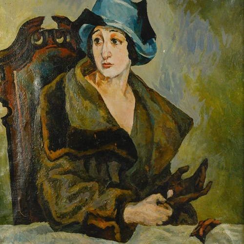 Woman With Blue Hat - Oil On Canvas