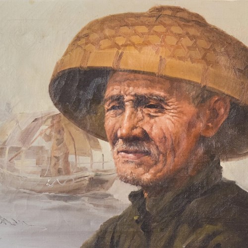 Elderly Fisherman In Straw Hat By S. Chen