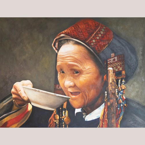 Portrait Of A Tribal Woman Drinking Tea - Oil On Canvas