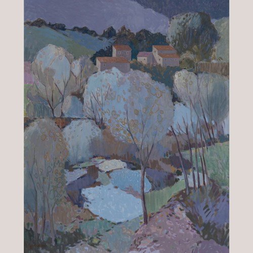 Large Pastel Modernist Village Landscape – Garcia Pitarch - Oil On Canvas