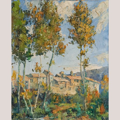 Village Landscape With Trees – Signed - Artist Unidentified