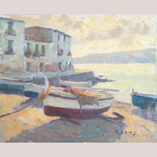 Boats On The Shore, Catalonia – Post-Impressionist Oil - Signed R. Sans