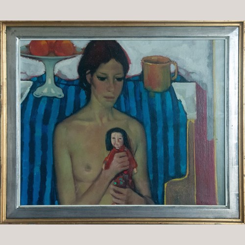 Seated Nude With Doll – Signed Calon ? – Original Oil On Canvas