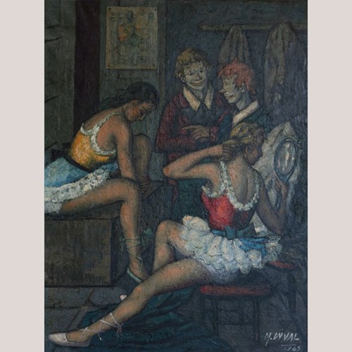 Backstage With Clowns And Dancers – Large Original Oil Study By M. Duval