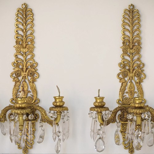 Two - Bronze And Cut Glass Wall-Mounted Chandeliers