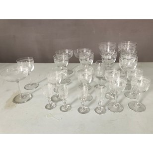 Suite Of 38 French Gold & Etched Wine Glasses - Decorative Collective