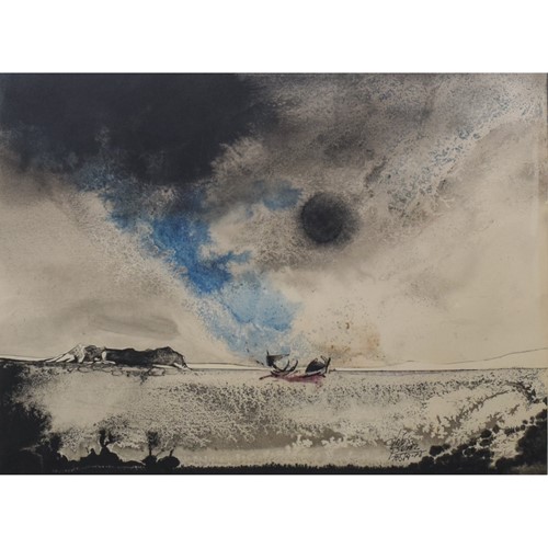 Boat On A Moonlit Seascape - Watercolour