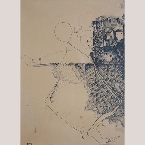 Surreal Architectural Composition – Original Pen And Ink Drawing (1961)