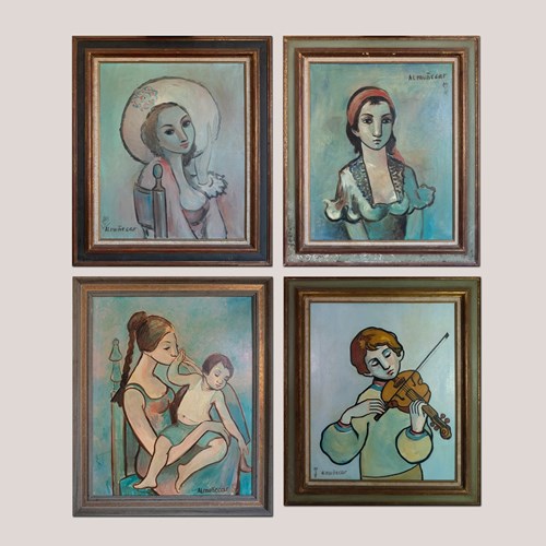 Set Of Four Mid-Century Portraits – Signed “Almuñecar,” Oil On Canvas