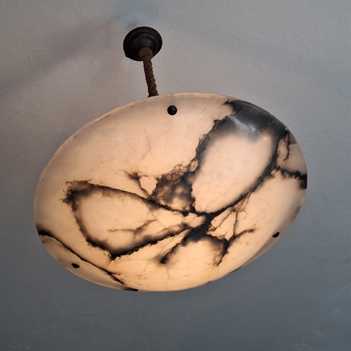Large Antique Veined Alabaster Pendant Light With Rope Supports, 1900-1920