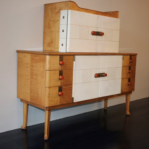 Laszlo Hoenig Art Deco Sideboard In Maple, Leather And Glass, London 1940S