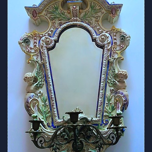 Large Antique Hugo Lonitz Majolica Wall Mirror 1890-1900