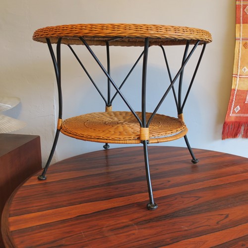 Rattan and Iron Two-Tier Coffeee Table Mid-Century