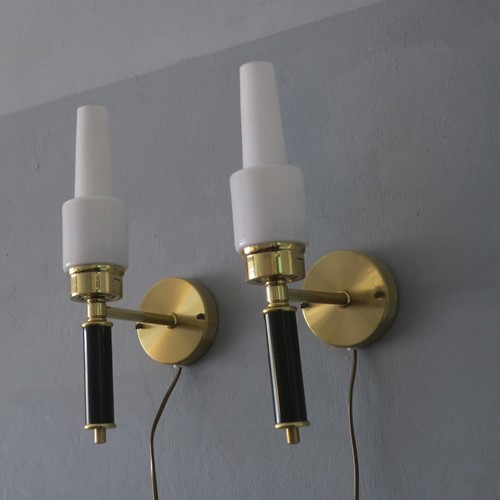 Swedish C E Fors Brass and Milk Glass Wall Lights
