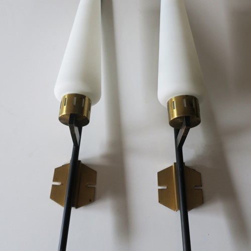 Pair Italian Brass And Glass Stilnovo Wall Lights