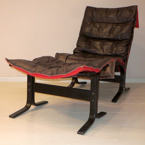 Siesta Chair and Ottoman, Black Leather with Red 