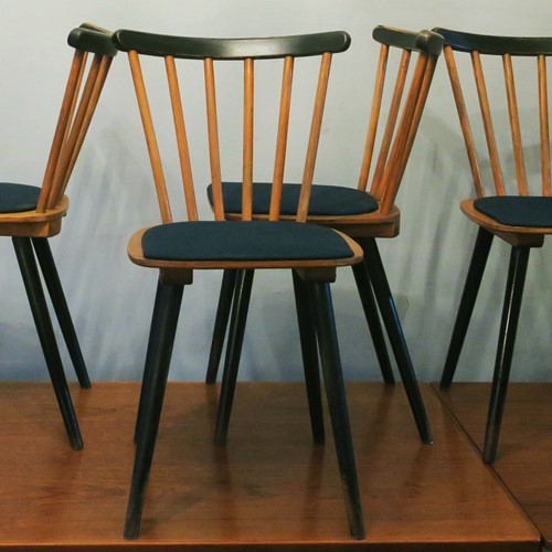 Four Stick Back Chairs, Splayed Legs, Blue-Green