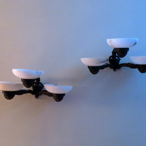 Antique Pair Of Alabaster And Bronze 3-Arm Wall Lamps