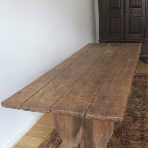 Large Antique 1780 Swedish Pine Trestle Table With Drawer