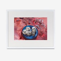 Stan Smith. Mushrooms on a blue plate. Watercolour