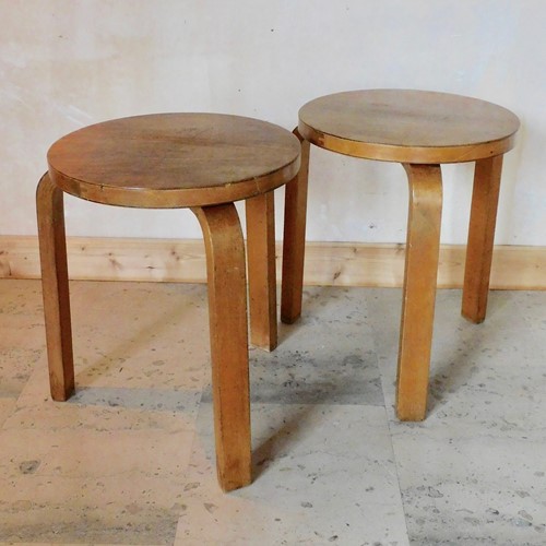 Pair Early Alvo Aalto Stools With Finmar Labels