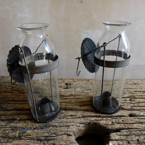 Pair French  Glass And Tin Storm Lights 