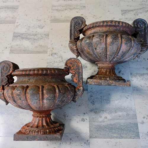 Pair French 19Thc Twin Handled Cast Iron Urns 